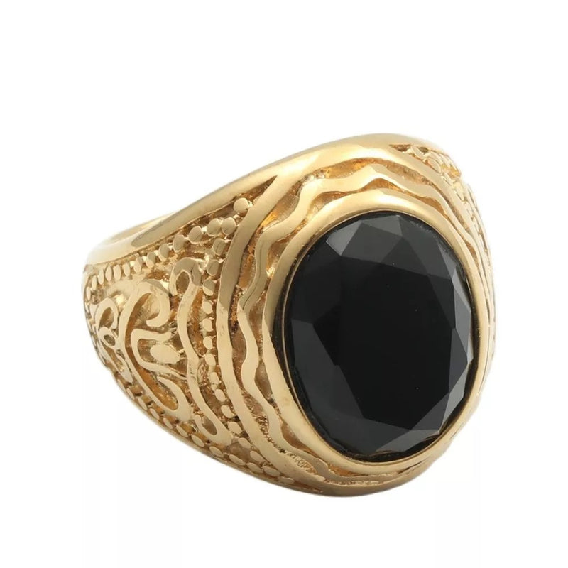 Ανδρικό χρυσό ατσάλινο δαχτυλίδι με μαύρη πέτρα 770
