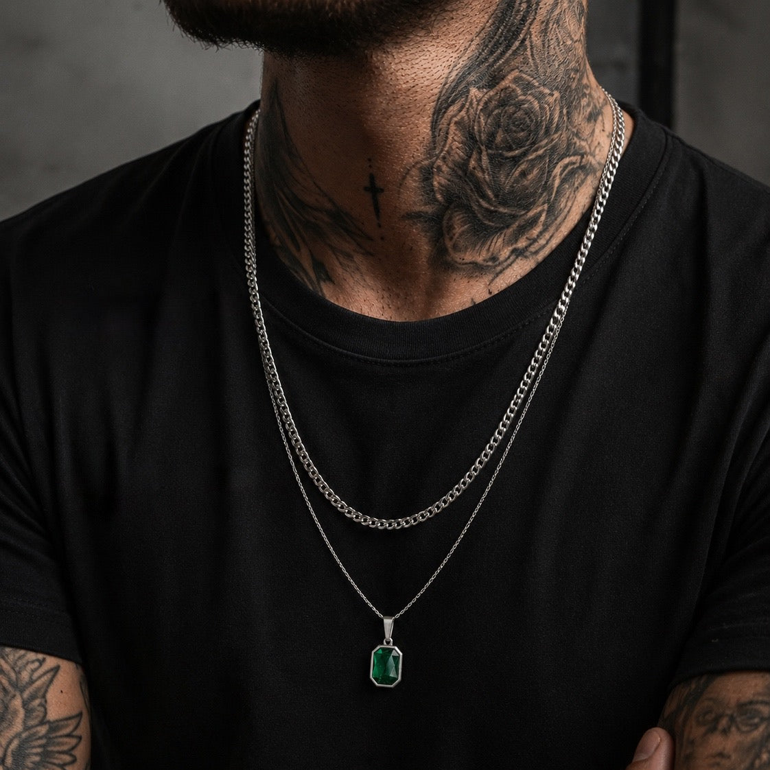 Crystal Double Chain 77 ανδρικό ασημί κολιέ με διπλή αλυσίδα και πράσινο faceted crystal pendant.