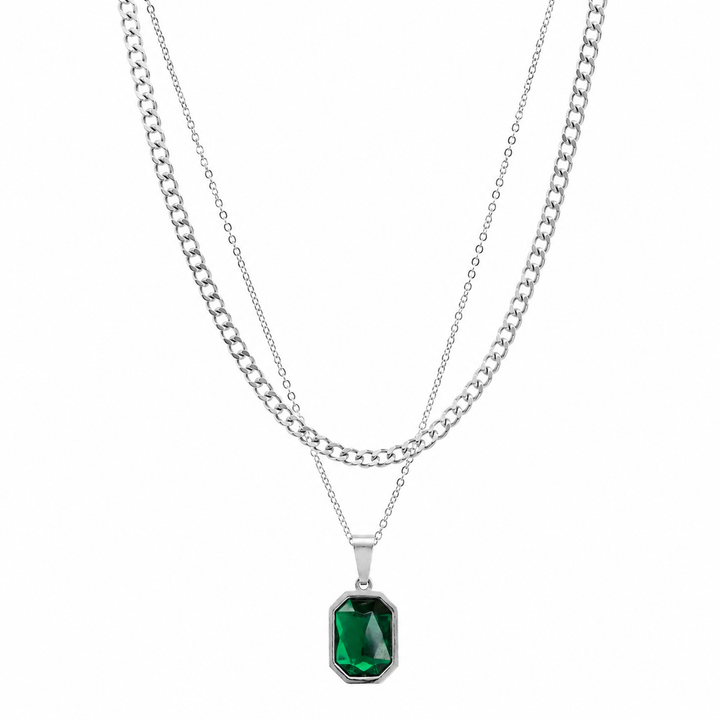 Crystal Double Chain 77 ανδρικό ασημί κολιέ με διπλή αλυσίδα και πράσινο faceted crystal pendant.