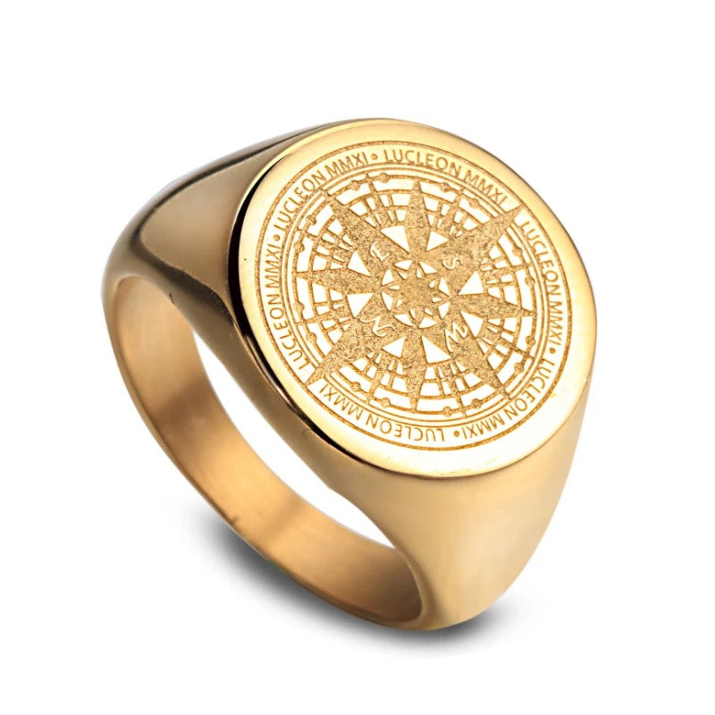 Ανδρικό χρυσό ατσάλινο δαχτυλίδι Compass